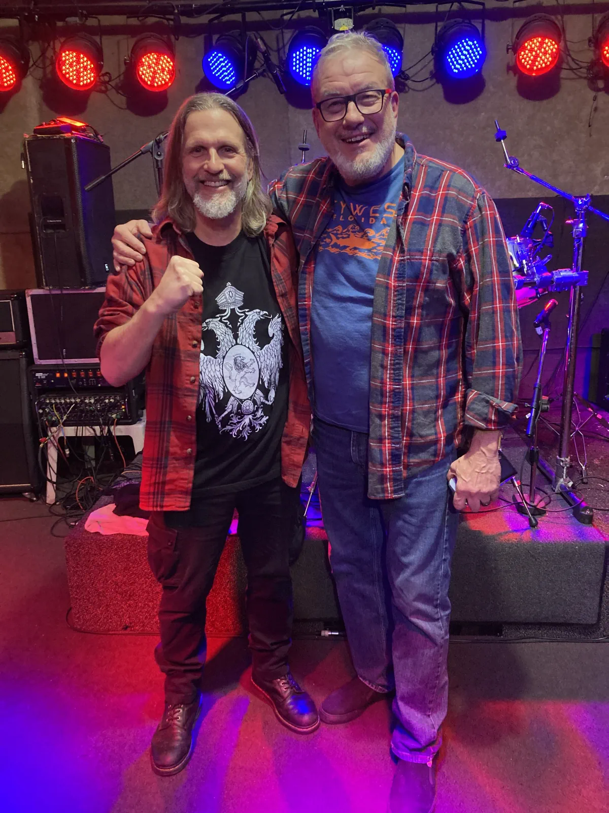 Lou Beato and Chuck Lenihan of Carnivore rehearsing at Lights, Action, Music Studios