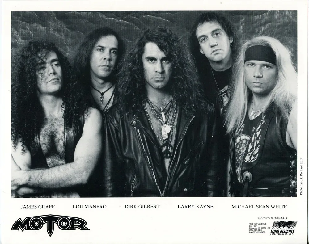 Motor 1990s press photo, left to right: James Graff, Lou Manero, Dirk Gilbert, Larry Kayne, Michael Sean White. Photo by Richard Kent.