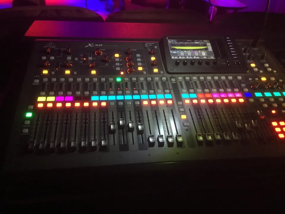Mixing board and signal chain in Studio A at Lights, Action, Music Studios